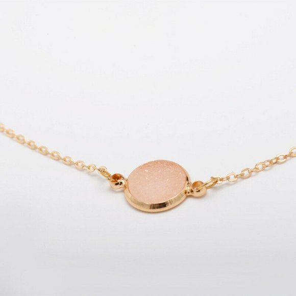 Peach Druzy Round Circle Pendant Dainty Minimalist Gold Chain Necklace - Picture 6 of 14